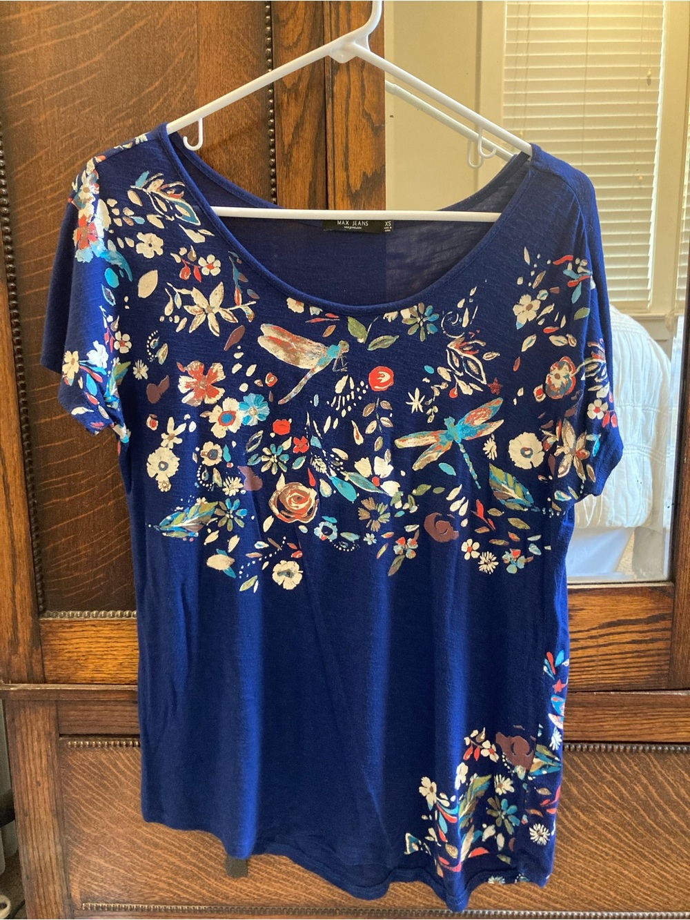 Max Jeans Navy Floral & Bird Short Sleeve Top